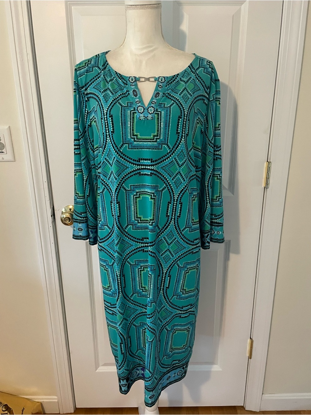 Chico's Teal Geometric Long Sleeve Dress with Notch Detail XL